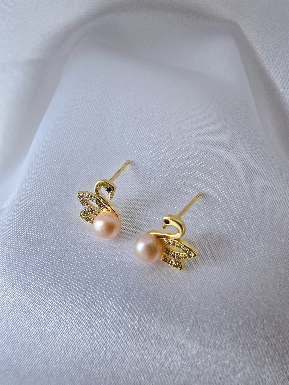 S925 Pink Pearl Stud Earrings - Swan Design‎ Women Jewelry